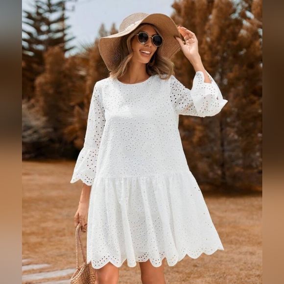 Eyelet Embroidery Flounce Sleeve Ruffle Hem Smock Flattering Dress - Picture 3 of 6